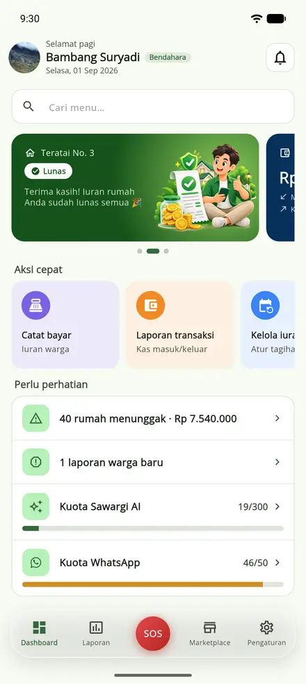 Tangkapan layar aplikasi Sawargi — Dashboard