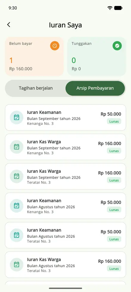 Tangkapan layar aplikasi Sawargi — Iuran Saya