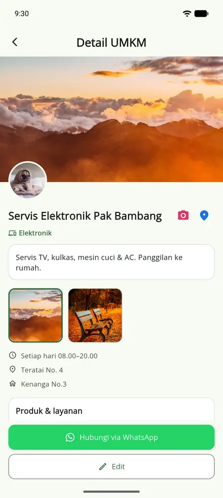 Sawargi app screenshot — Business profile